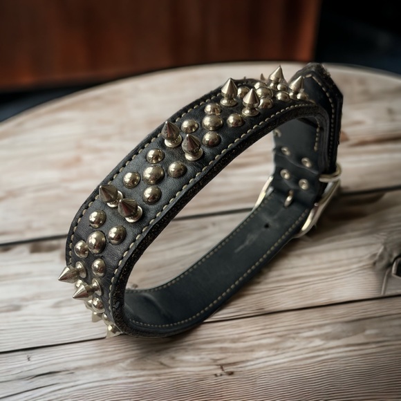 Spiked Studded Genuine Leather Adjustable  Dog Collar - Picture 2 of 12